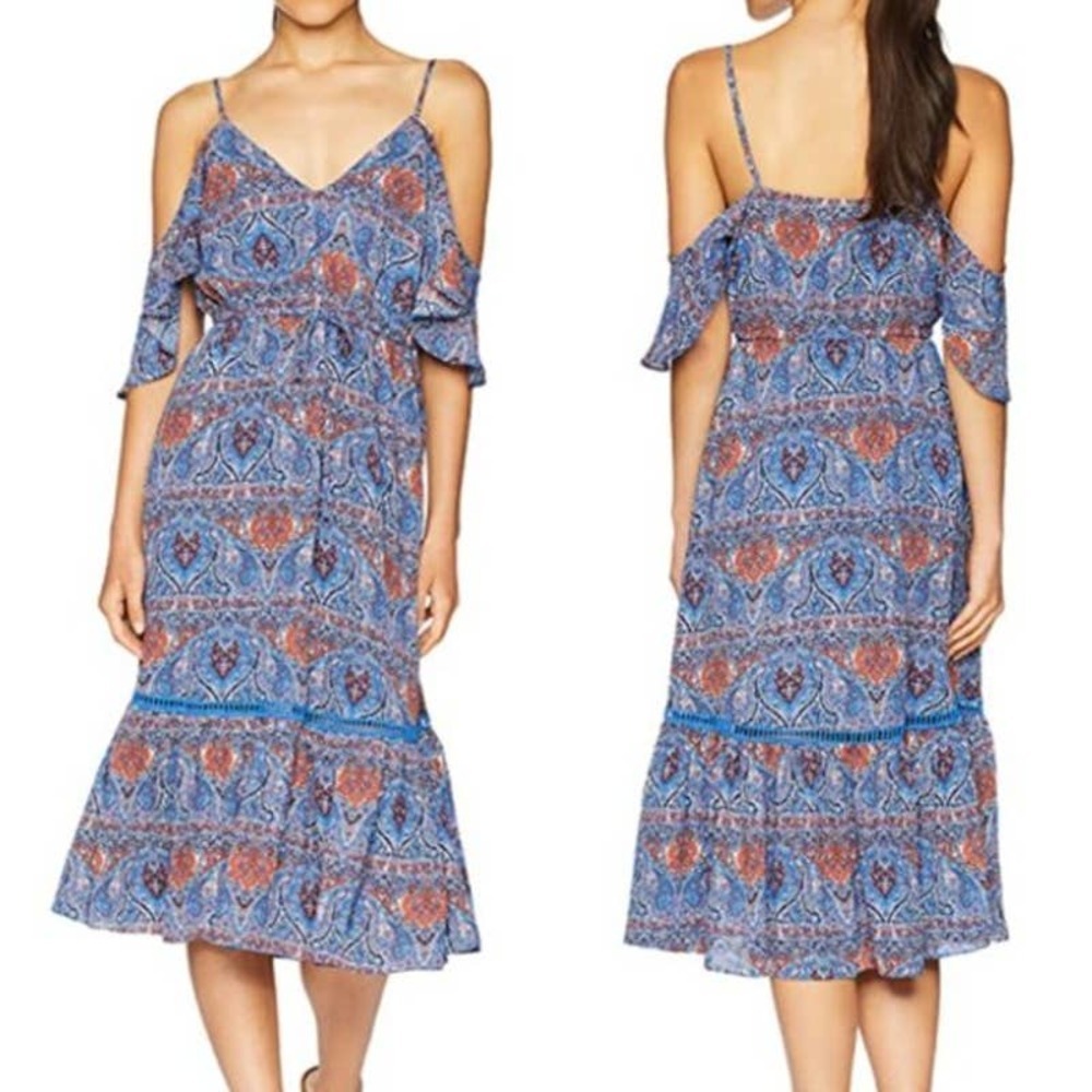 Jack by BB Dakota Marrakech Express Blue Printed Cold Shoulder Midi Dress NWT